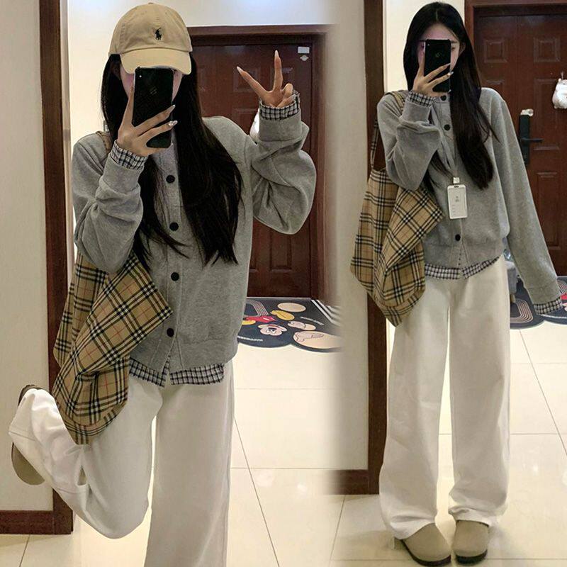 孕妇套装春装2026新款格子拼接卫衣宽松显瘦假两件上衣阔腿牛仔裤