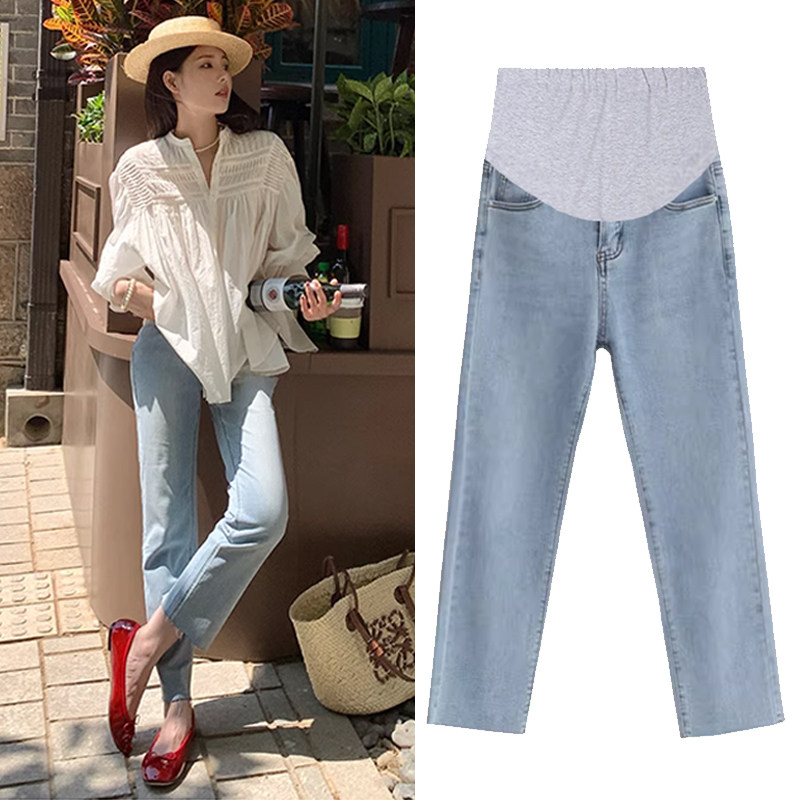 孕妇浅蓝色牛仔裤九分夏季薄款外穿2023新款宽松显瘦毛边直筒裤子