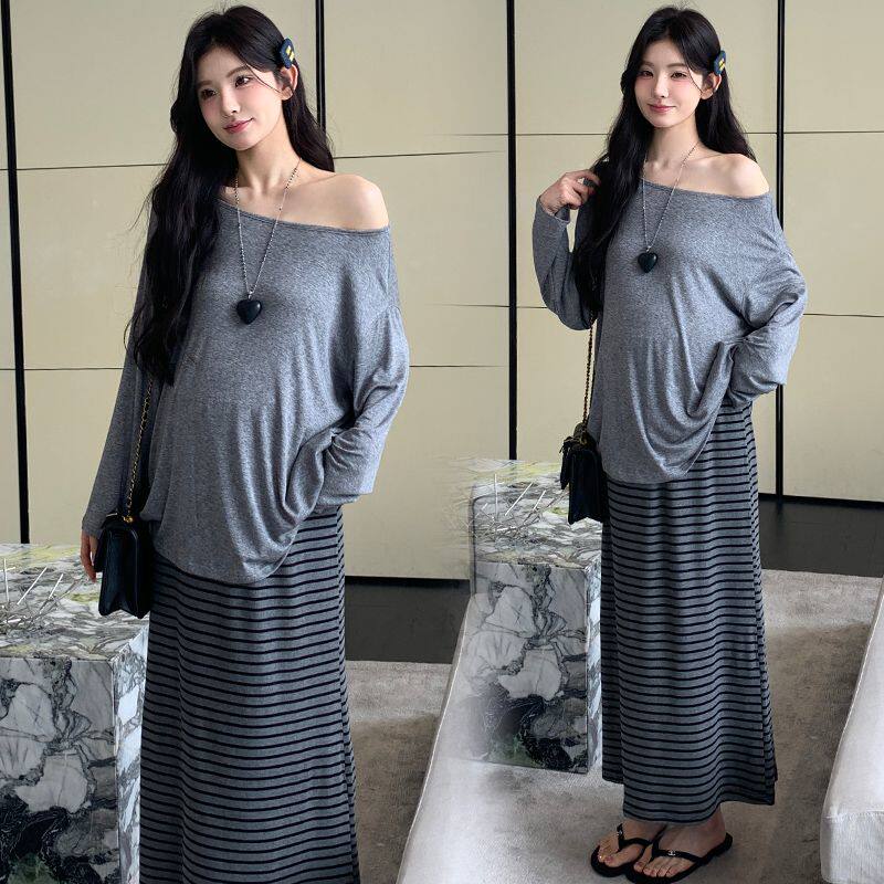 布衣妈咪孕妇斜肩上衣条纹半身裙