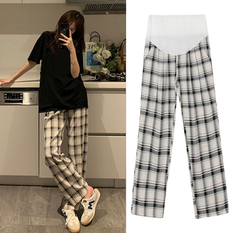 孕妇阔腿裤子夏季薄款外穿新款垂感格子休闲拖地直筒裤夏装打底裤