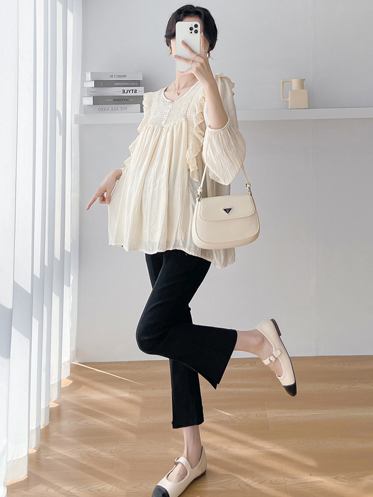 임산부 봄 여름 스타일 셔츠 주름 셔츠 귀걸이 V 넥 긴팔 느슨한 시폰 BABYDOLL 탑