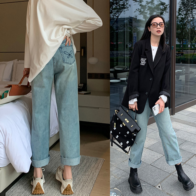 孕妇牛仔裤九分春夏季薄款外穿浅蓝色宽松直筒裤显瘦刺绣老爹裤子