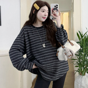 T恤秋冬 慵懒风宽松圆领磨毛显瘦软糯条纹长袖 孕妇装 上衣2025新款