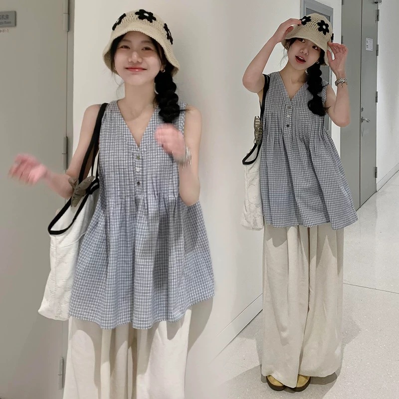 孕妇套装2025新款慵懒宽松V领格子背心短裙休闲阔腿裤夏季两件套