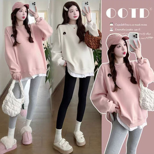 孕妇装 慵懒宽松圆领假两件刺绣卫衣休闲遮屁股上衣女秋冬 2025新款