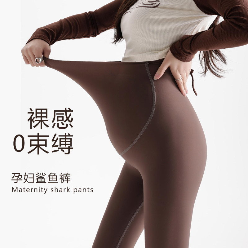 孕妇鲨鱼皮打底裤九分夏季薄款外穿裸感无痕托腹裤小脚紧身瑜伽裤