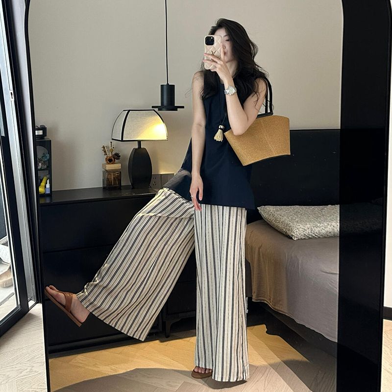 孕妇套装2025新款慵懒风无袖背心衬衫上衣女条纹阔腿裤夏季两件套