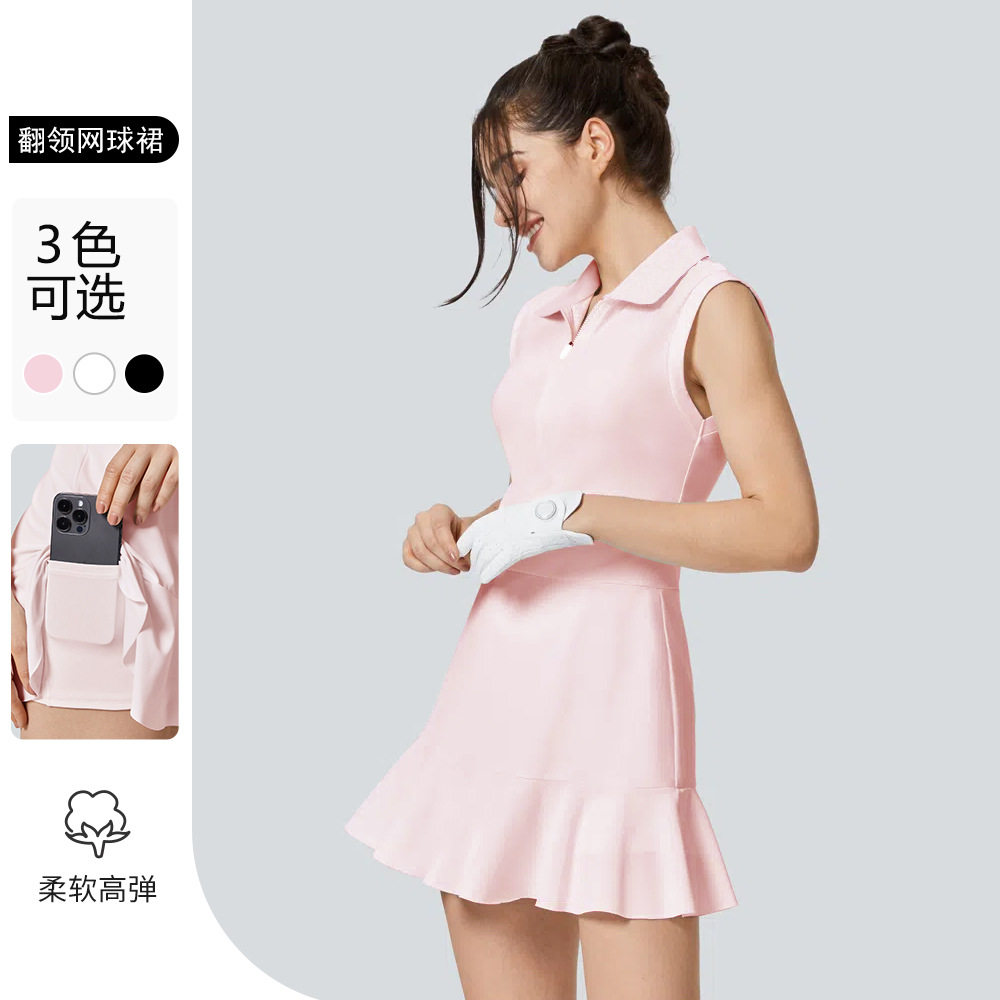欧美翻领球连衣裙女带胸垫户外运动羽毛球裙防走光网球裙女士锦纶