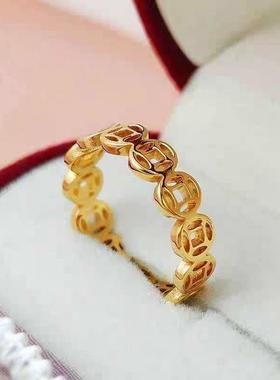 钛钢戒指 钱多多铜钱戒指女款高级感时尚轻奢金色素圈金币指环