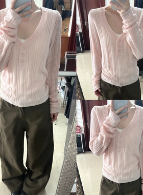 【Wild leek~】韩系甜美粉色V领长袖针织衫女秋季修身显瘦上衣