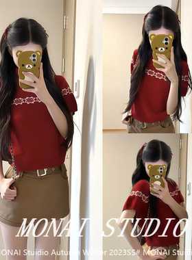 【LaluneDuCiel ~】lldc短袖针织衫红色毛衣女秋冬新年氛围感上衣