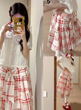 【Amweird】韩版复古格子半身裙女2025夏季新款蝴蝶结设计感a字裙