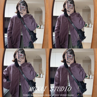 工装 美式 短外套女秋冬紫色棉服复古百搭底特律夹克 714street