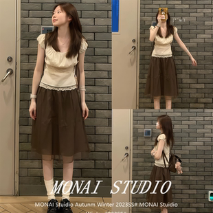 【孔真烦~】泰式奶茶 网纱拼接棕色半身裙女2026夏季新款高腰裙子