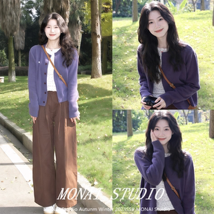 【宋正恩宋小恩~】巨好看紫色毛衣女冬季学院风针织开衫显瘦上衣