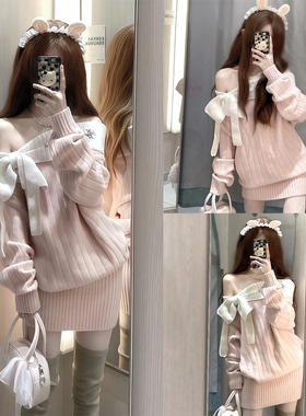 【moster timnothy~】一字肩蝴蝶结厚款连衣裙氛围感针织长袖毛衣