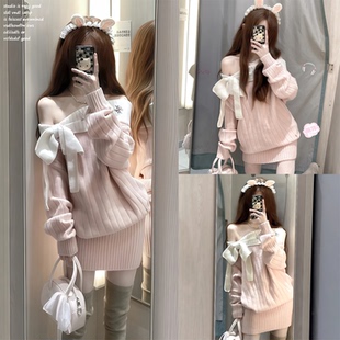 【moster timnothy~】一字肩蝴蝶结厚款连衣裙氛围感针织长袖毛衣