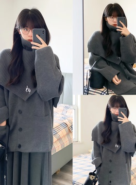 【WESTAYONE ~】灰色围脖毛衣开衫外套女2025新款两件套时尚百搭