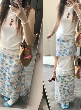 【发财欧尼fortunee~】蓝色碎花雪纺半身裙夏季修身显瘦鱼尾裙女