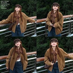 棕色翻领绒巴恩风夹克外套女复古美拉德百搭气质上衣 HERWEAR