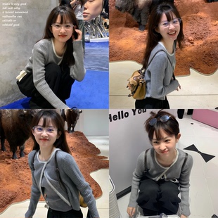 【DH OFFICIAL大花~】韩系巨好看灰色长袖针织开衫早秋上衣两件套