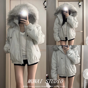 【Achock~】加厚毛领连帽棉衣外套女冬季防风带毛保暖棉服派克服