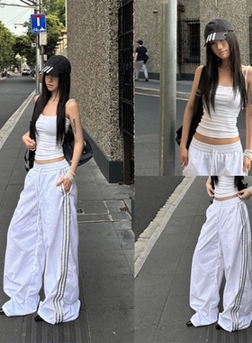 【SUNONEONE~】白色休闲阔腿裤女夏三条杠薄款登山运动爵士舞裤子