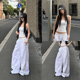 【SUNONEONE~】白色休闲阔腿裤女夏三条杠薄款登山运动爵士舞裤子