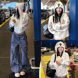 【ATKFY~】美式复古哥特字母印花连帽开衫卫衣女秋季宽松休闲外套