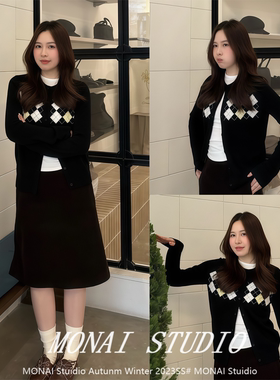 【Ni8ht Metro~】法式复古高级感黑色菱格针织开衫毛衣女秋冬上衣