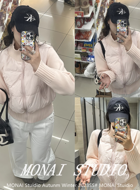 【圈圈cooky~】冬季新款粉色针织拼接棉服高级感气质小香风外套