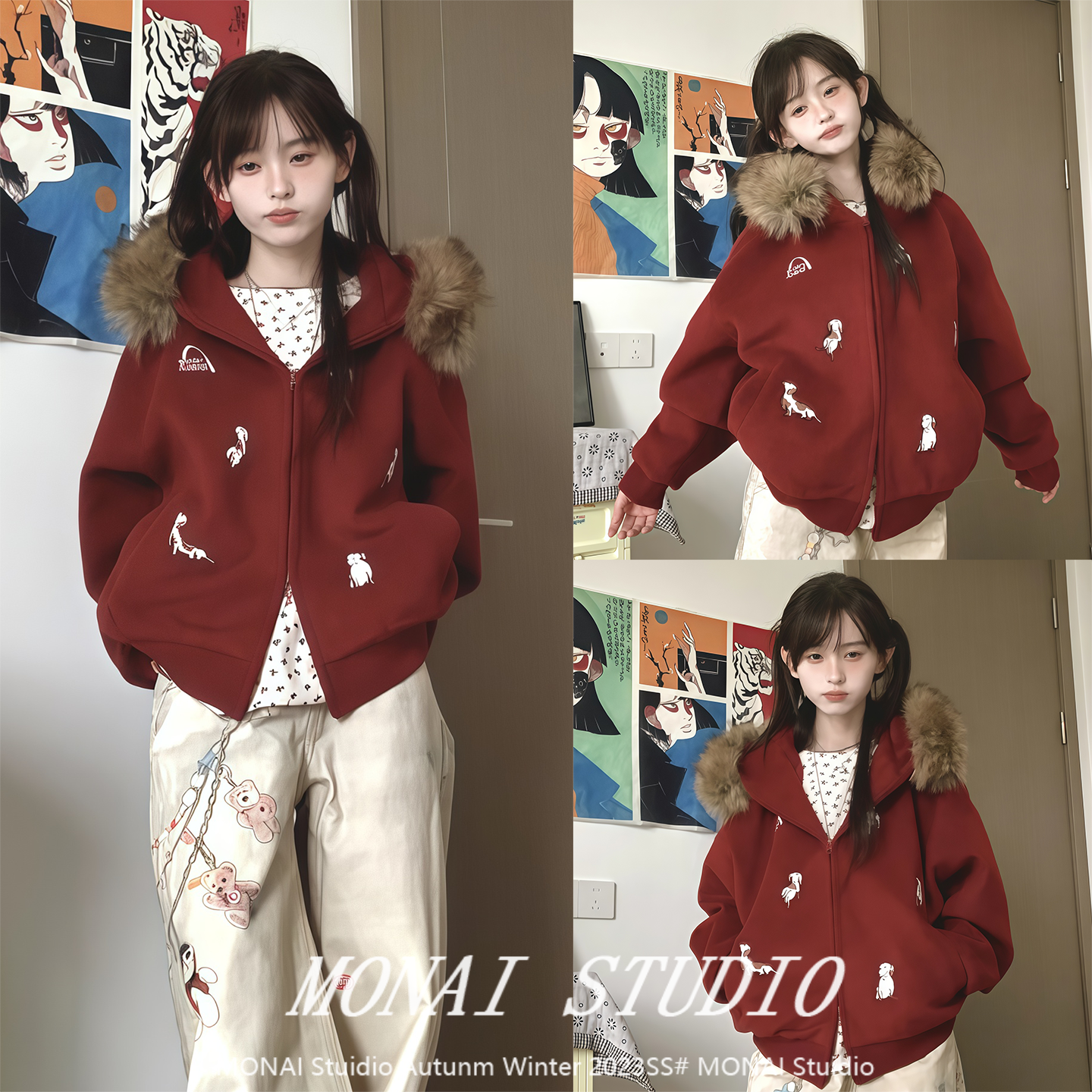 【NICEBAD~】红色复古毛领卫衣女