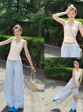 【KRO平替】蓝色条纹阔腿裤夏季新款欧若风蕾丝拼接高腰休闲裤女