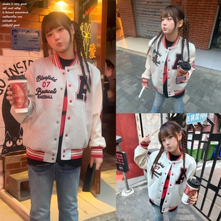 【Achock~】美式重磅复古棒球服秋冬街头百搭重磅刺绣棒球夹克女