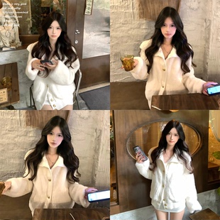 甜美风韩系大翻领上衣仿皮草气质高级感白色秋冬外套女 QDQD