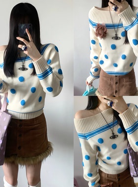 【The NeverMore~】一字肩毛衣女秋冬撞色波点长袖针织衫露肩上衣