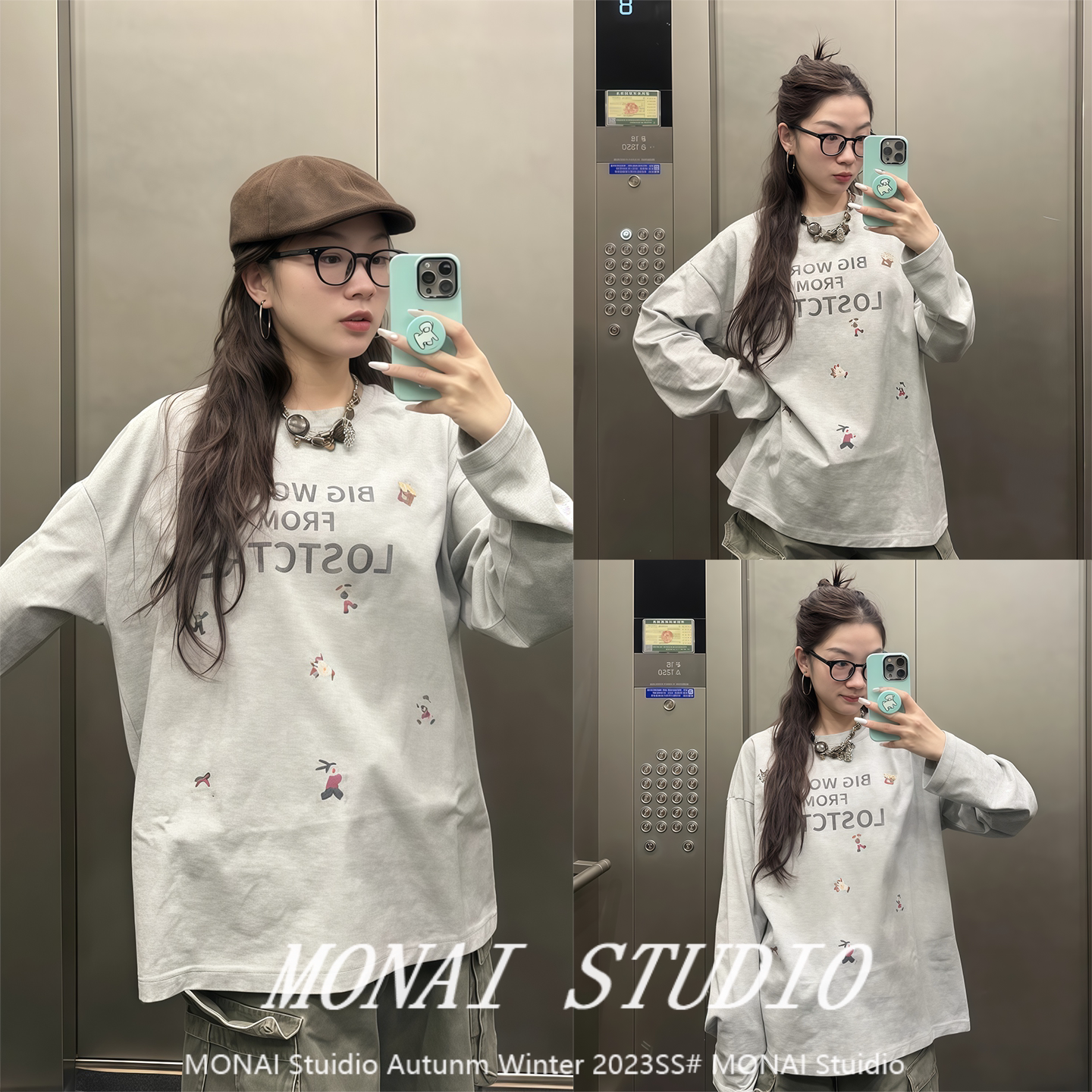 【lostctrl~】美式复古学院风灰色长袖t恤女秋季字母印花休闲上衣