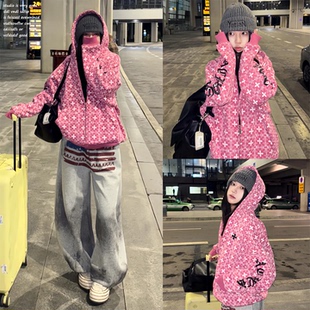 【Achock~】街头复古哥特字母印花外套秋季粉色百搭嘻哈连帽卫衣