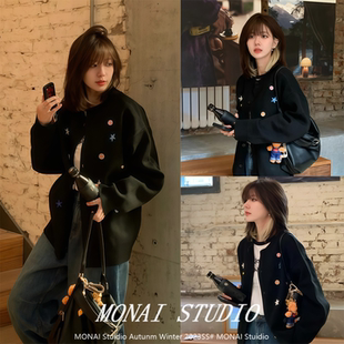 【ichmode~】设计感趣味纽扣毛衣外套女款单排扣休闲宽松针织开衫