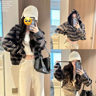 【ASHENONLINE 】慵懒风撞色条纹连帽长袖卫衣女百搭宽松休闲上衣