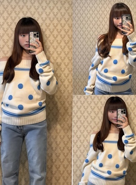 【The NeverMore~】一字肩毛衣女秋冬撞色波点圣诞针织衫露肩上衣