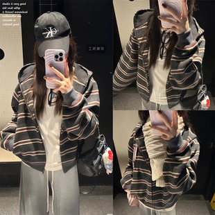 【ASHENONLINE 】慵懒风撞色条纹连帽长袖卫衣女百搭宽松休闲上衣