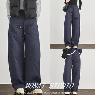 FAESSLIN 休闲裤 巨抗冻 女冬藏蓝色高腰阔腿裤 子 加绒加厚棉裤