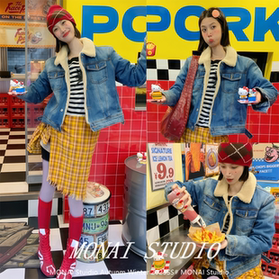 【derT~】美式复古做旧牛仔羊羔毛外套女冬加厚保暖翻领短款上衣