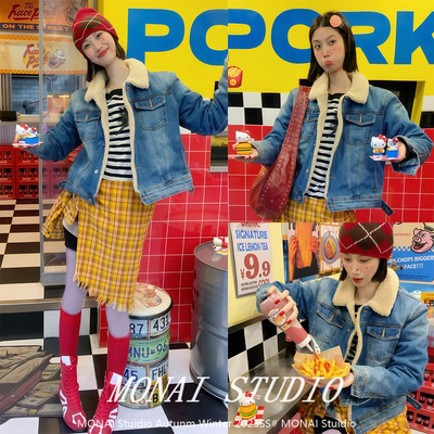 Frank同款复古牛仔羊羔毛外套女