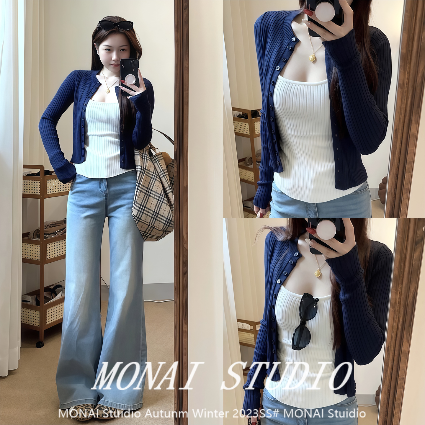 【e7q8~】藏蓝色薄款防晒针织开衫女春季两件套修身短款外套上衣