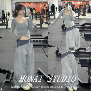 【SUNDAYPLAN~】美式复古格纹拼接抽绳卫裤女潮流百搭阔腿休闲裤