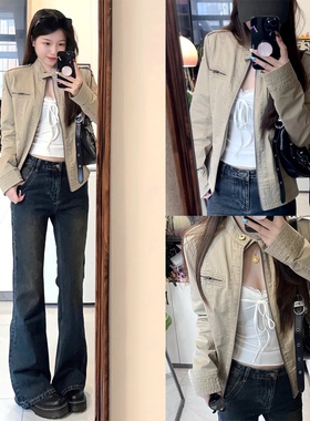 【SUNONEONE~】立领做旧美式复古短款显瘦外套女早秋新款正肩夹克