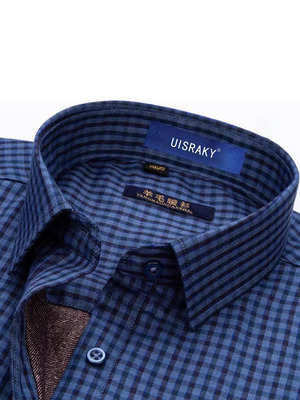 2025年冬季休闲保暖隔热商务蓝色格子中年男士棉衬衣加厚羊毛衬衫