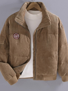 秋冬季新款灯芯绒男士羽绒服立领宽松加厚款条绒抗寒保暖鸭绒外套